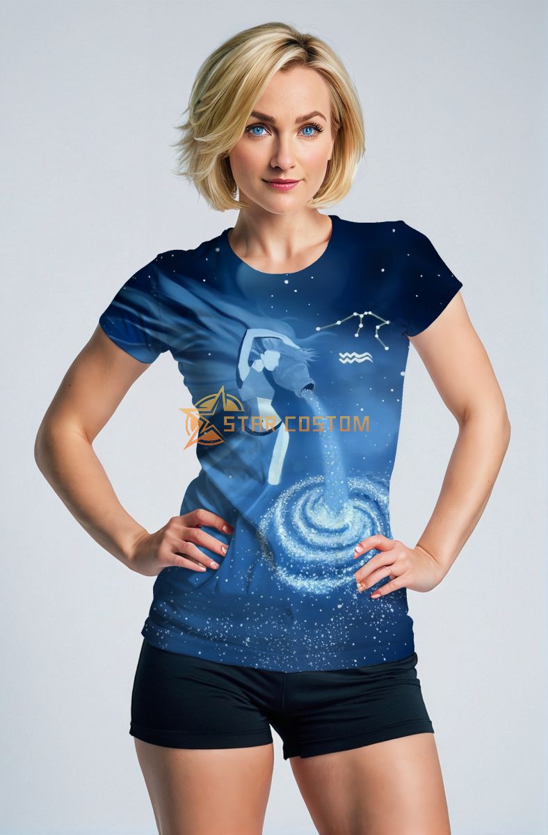 Aqua Atlas Mythical Aquarius Unisex T-shirts with Glittering Pour Design on Blue Night Sky