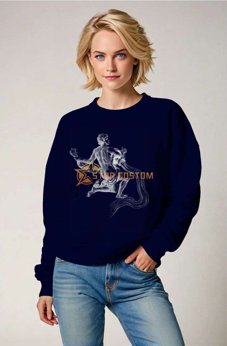 Aquarius Guardian Hephaestus Unisex Sweatshirt in Solid Deep Blue with Minimalist White Line Art